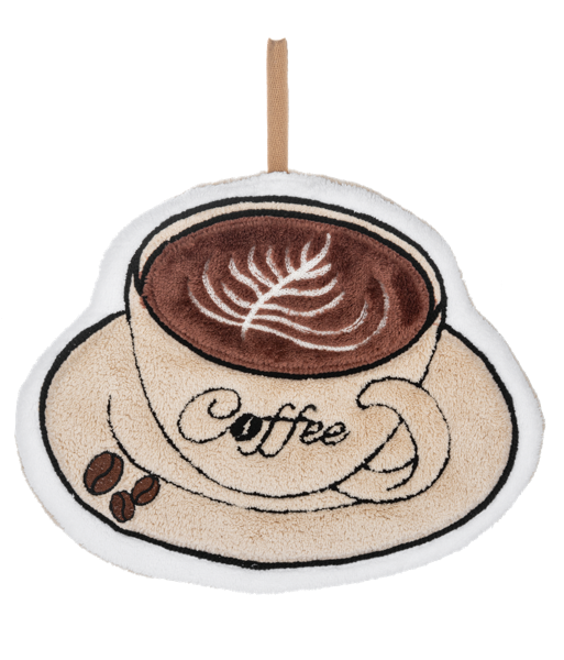 Coffee Decorative Hand Towels resembling a latte art coffee cup with “coffee” text and two coffee beans, featuring a small hanging loop. Available in multiple sizes.