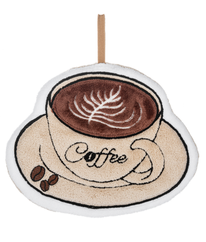 Coffee Decorative Hand Towels resembling a latte art coffee cup with “coffee” text and two coffee beans, featuring a small hanging loop. Available in multiple sizes.