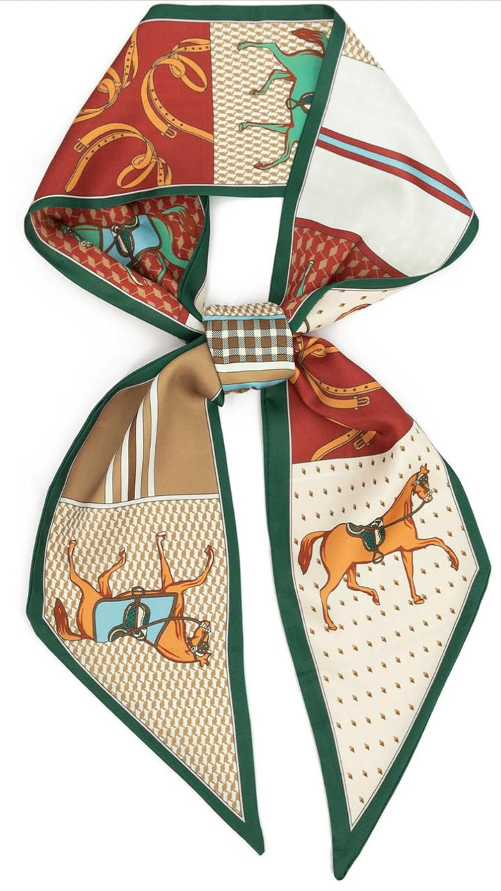 Long silk-feel scarf with green edges, equestrian prints in brown, gold, red, cream &amp; green. Sizes: 60"x17", 70"x20".