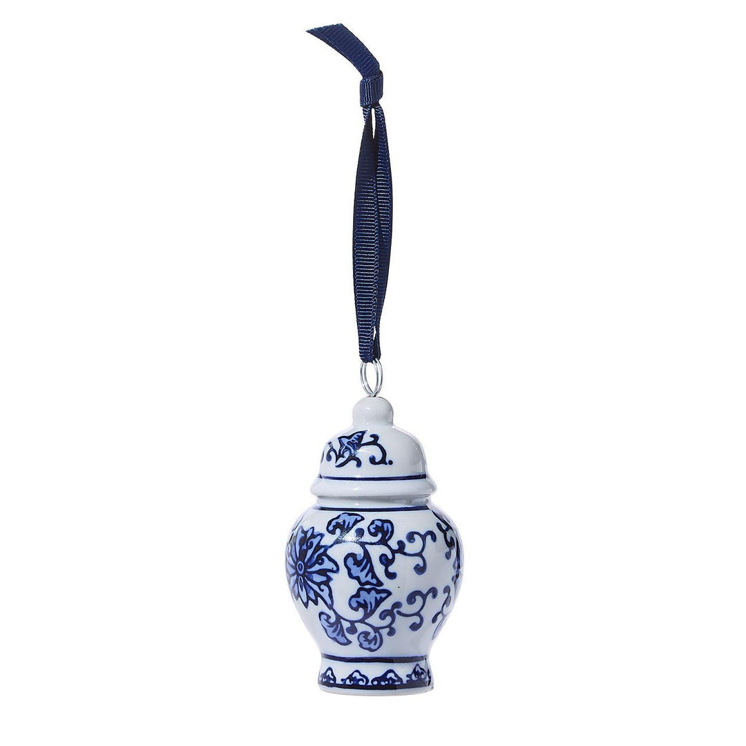 Blue and white Ginger Jar ornament and place card holder on a dark blue ribbon.