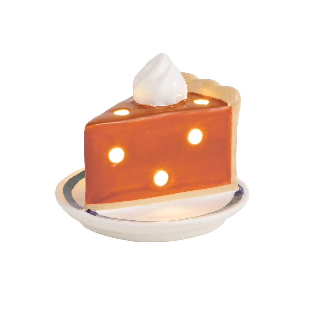 Hand-painted ceramic slice of pumpkin pie with whipped cream and internal LED lights. Available in 4-inch and 6-inch sizes.
