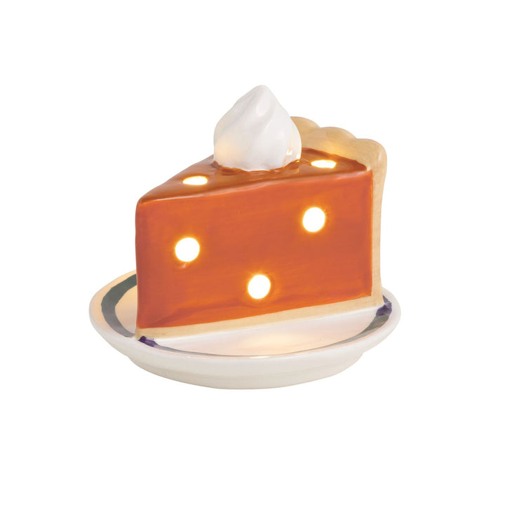 Hand-painted ceramic slice of pumpkin pie with whipped cream and internal LED lights. Available in 4-inch and 6-inch sizes.