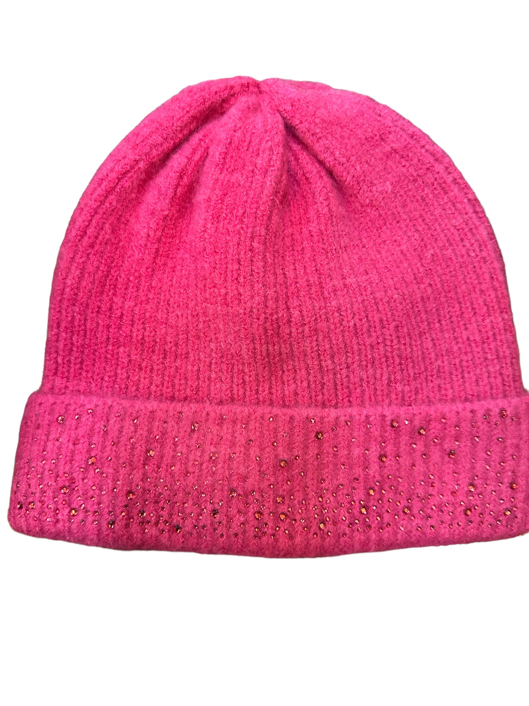 Bright pink beanie with folded brim and crystal embellishments on front. Available in S, M, and L.