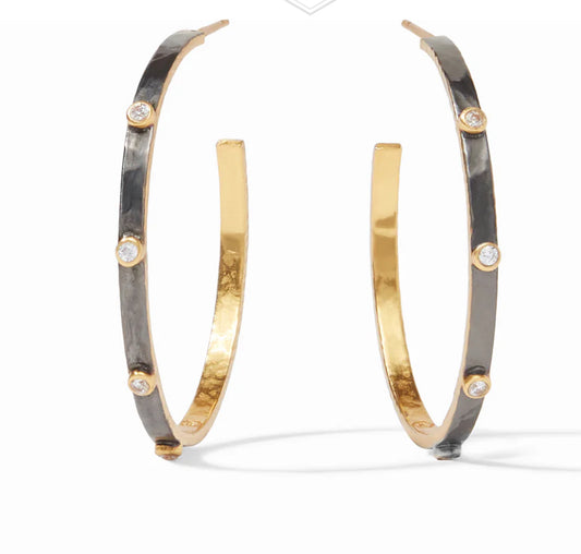 Crescent Stone Hoop Mixed Metal earrings: stylish, slim with 24K gold plating, black accents, and five clear gemstone accents. Available sizes: One Size.