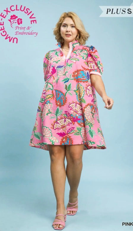 Jacquard Paisley Print Tunic Dress with short puff sleeves, available in sizes XS–XL.