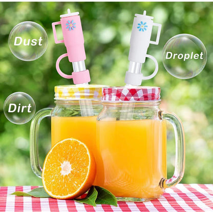 two-part product. 
1. Mason Jar Glass Set: Two robust mason jar glasses with solid handles.
2. Straw Cover Caps: Comes with one pink and one white cap, specially designed to hold straws securely for leak-free sipping.
Size: Each mason jar has a generous capacity of 16 ounces.