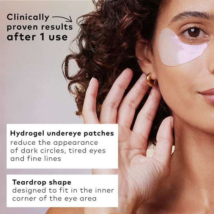 Brighten Up Patch pink hydrogel under eye patches with niacinamide, teardrop shape; available in 6- or 12-pair packs.