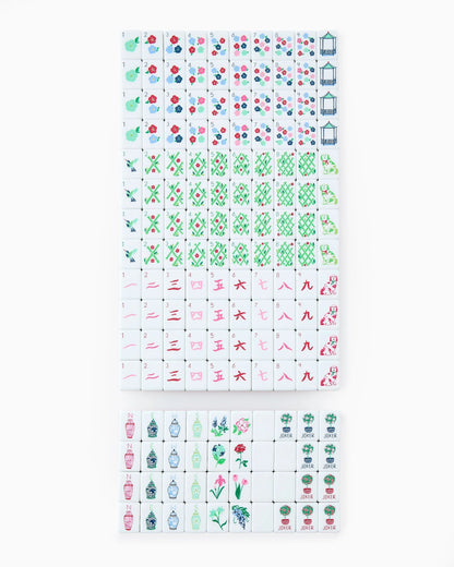 Nantucket Mahjong Tiles feature symbols, Chinese characters, and floral patterns in red, green, and blue. Available in standard mahjong tile size.