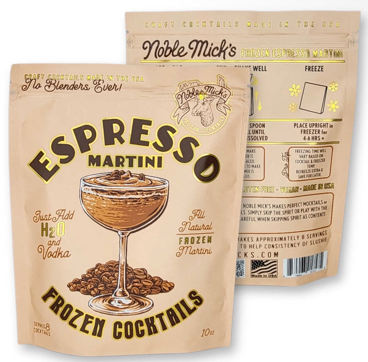 Two 10 oz pouches of Espresso Martini Frozen Cocktail Mix, showing front and back labels.