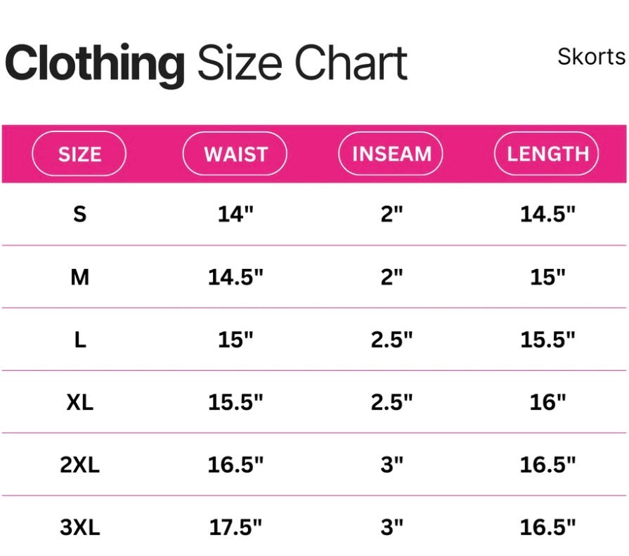 Size chart for the Pink Polka Dot Skort, listing women’s sizes S to 3XL with waist, inseam, and length measurements in inches.
