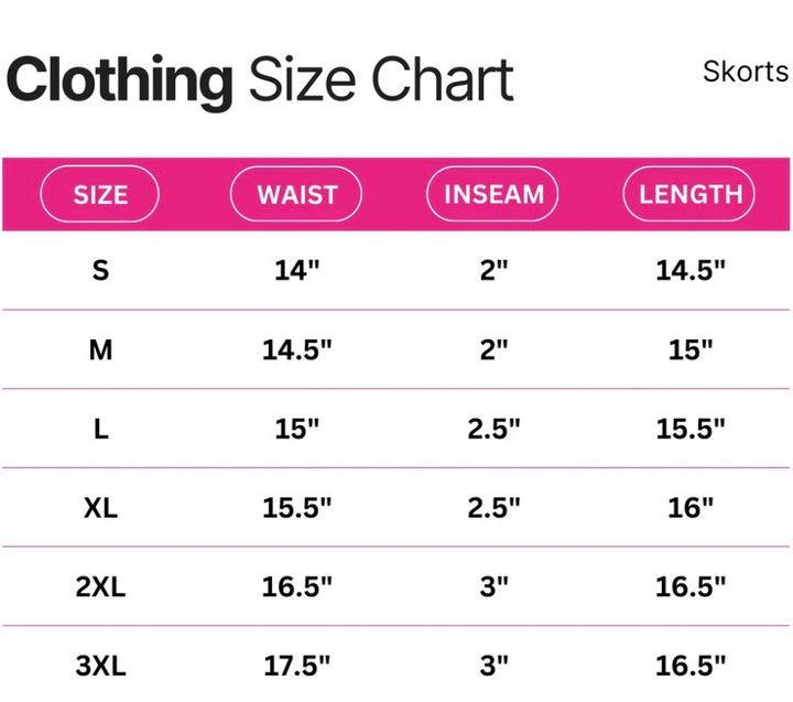 Size chart for the Pink Polka Dot Skort, listing women’s sizes S to 3XL with waist, inseam, and length measurements in inches.