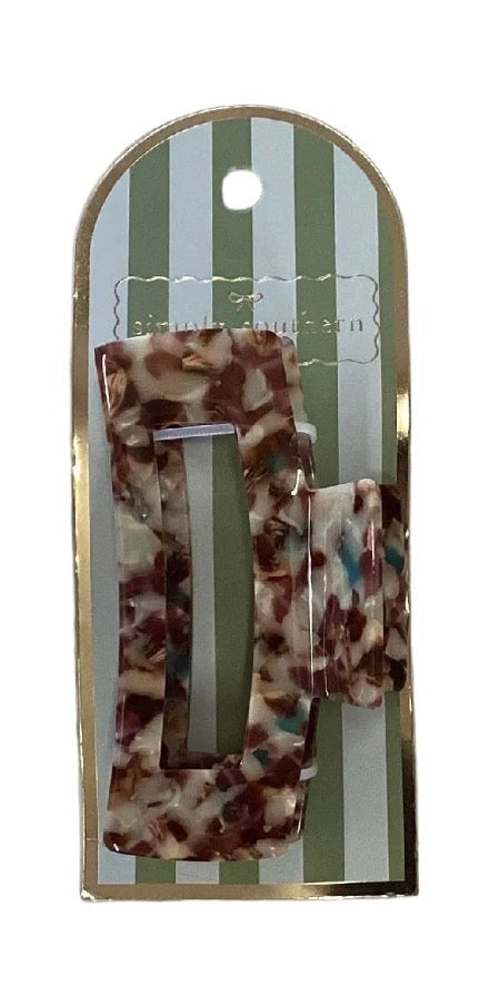 Pair of rectangle claw clips with a brown-and-beige marble pattern; available in small and medium sizes.