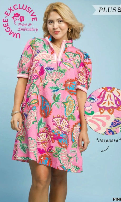 Jacquard Paisley Print Tunic Dress with colorful pink floral botanical design, puff sleeves, bold embroidery, and jacquard accents. Available in plus sizes.