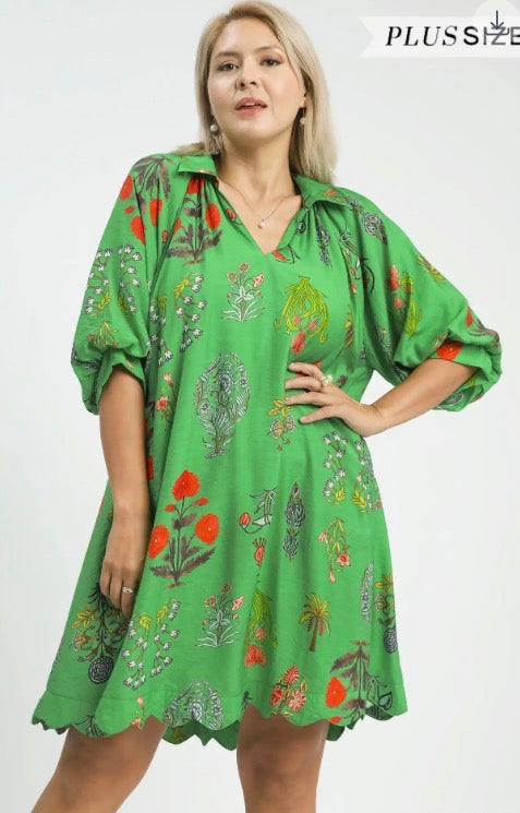 Floral Encyclopedia Print Mini Dress with relaxed fit and botanical patterns. Available in XS, S, M, L, XL.