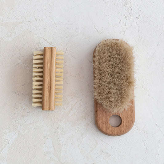 Eco-friendly Bamboo Brushes: small with light bristles, and large with dense brown bristles. Available in small and large sizes.