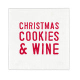 Square white holiday cocktail napkin with red “CHRISTMAS COOKIES &amp; WINE” text.