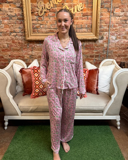 Charlotte Thistle Vines Pink Set, luxe modal pajamas, available in sizes XS-XL.