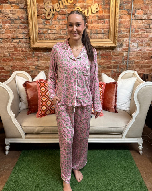 Charlotte Thistle Vines Pink Set, luxe modal pajamas, available in sizes XS-XL.