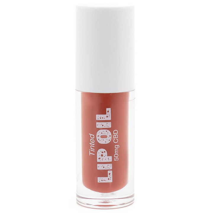 Tinted Lip Oil with 50mg CBD, clear base, reddish tint, white cap. Label reads "Tinted LIP OIL 50mg CBD." Available in 10ml size.