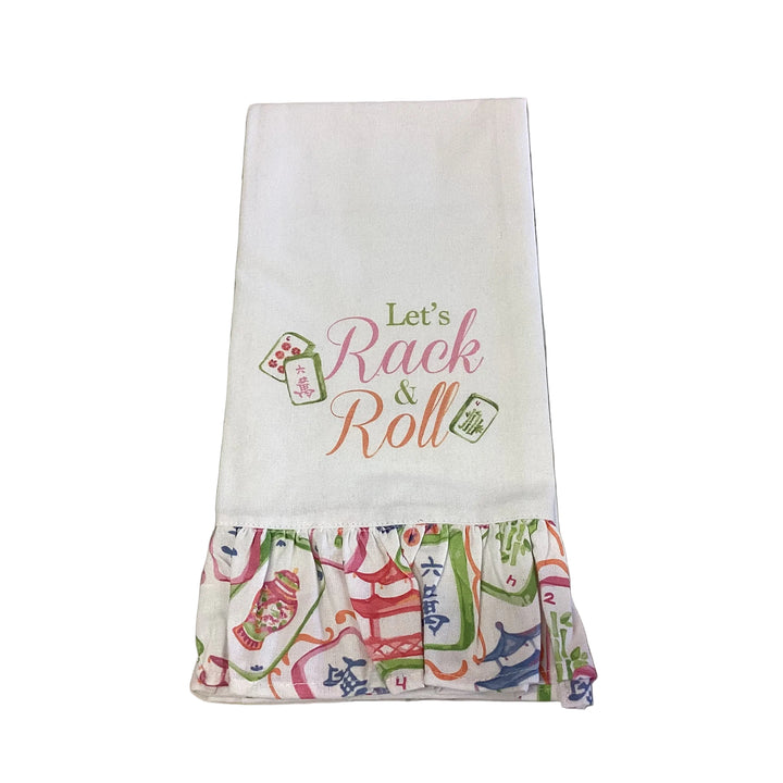 Rack &amp; Roll Ruffled Hand Towel featuring a white ruffled design, colorful mahjong tile illustrations, and “Let’s Rack &amp; Roll” text.