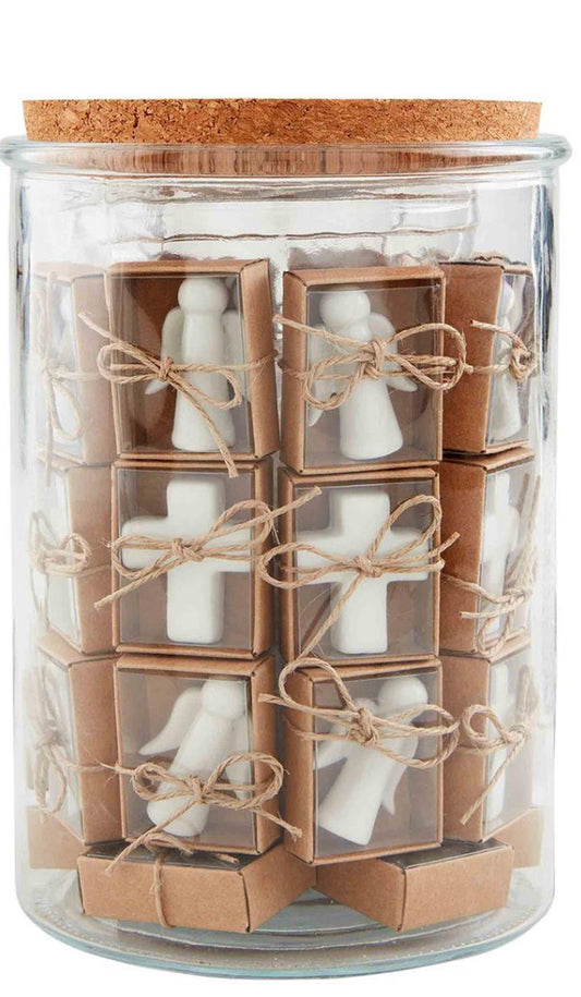 White ceramic pocket angel figurine tied with twine, comes boxed. Sizes available: small, medium, large.