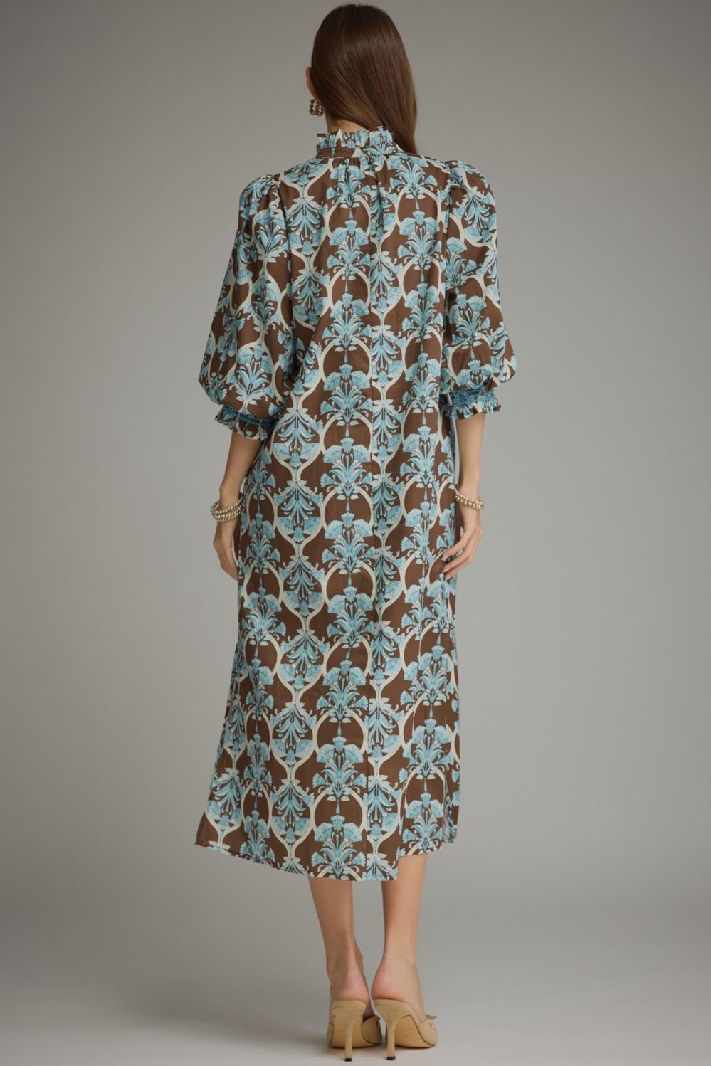 Lena Ruffle Midi Dress in brown and blue floral damask with balloon sleeves and ruffled high neckline. Sizes available.