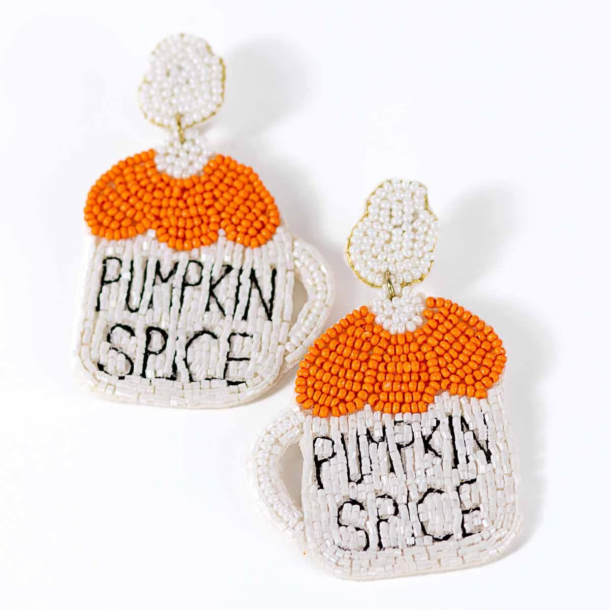Pumpkin Spice Beaded Earrings shaped like mugs with orange tops and white handles, featuring “PUMPKIN SPICE” in bold black beads on a white background. Available sizes: small, medium, large.