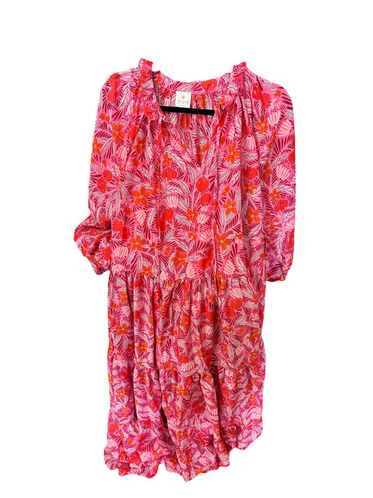 Pink Ruby Long Dress with red & white tropical print, long sleeves, gathered waist, tassel tie. Sizes: XS-XL.