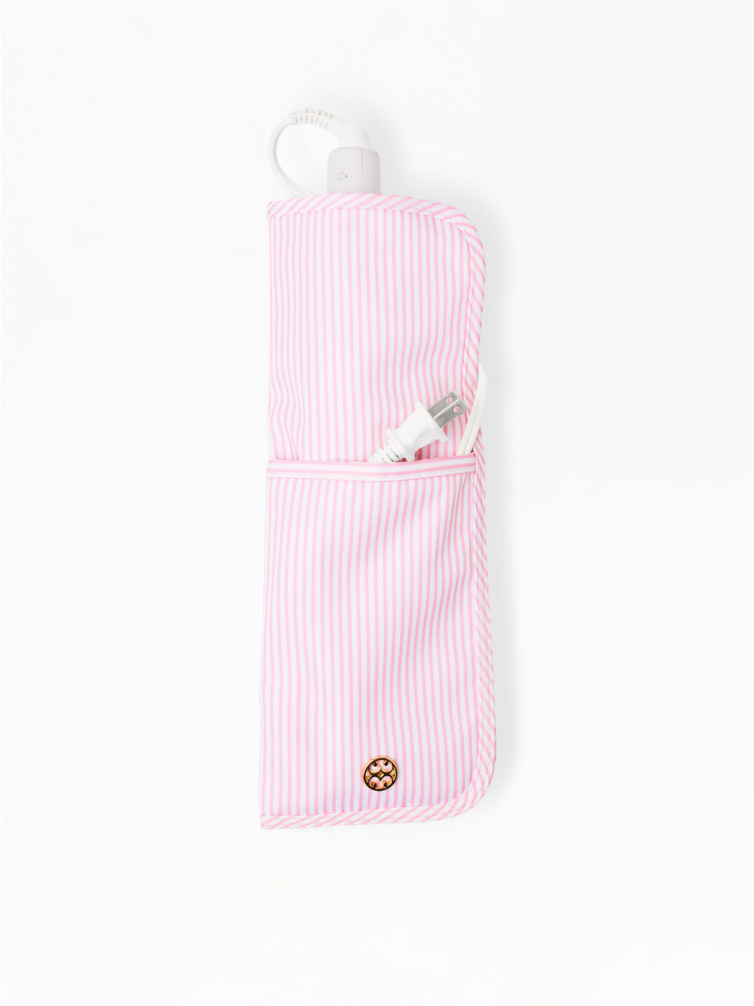 Pink and white striped heat-resistant case with snap button for styling tool storage. Available in multiple sizes.