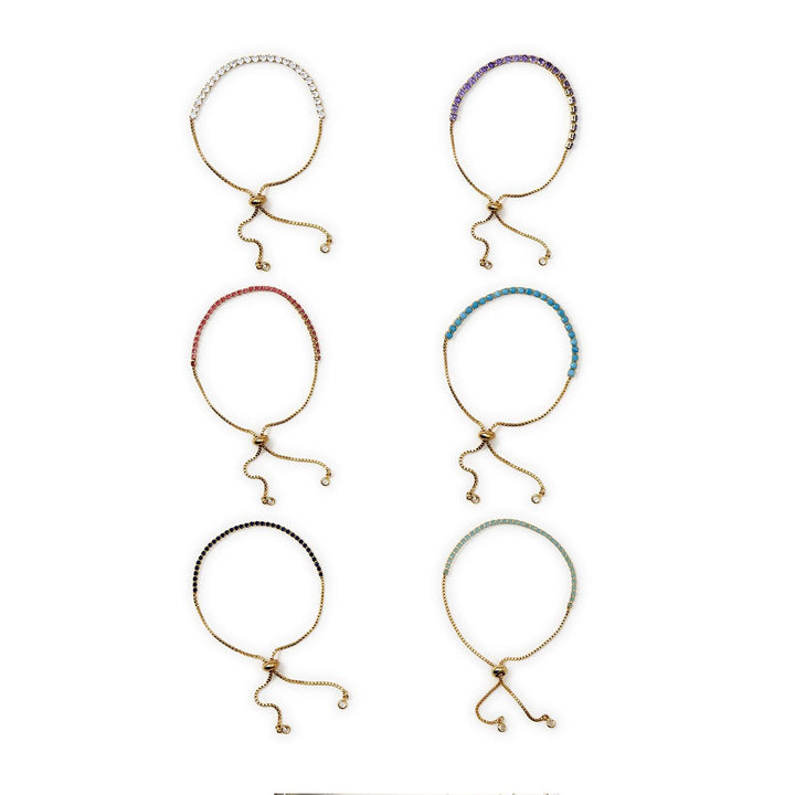 Six adjustable Dazzle Bracelets with rhinestones in white, purple, pink, blue, black, or green. Sizes: S/M/L.