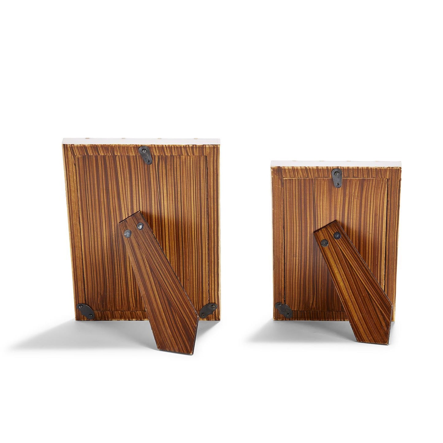 Two Brass Lines Photo Frames with built-in stands, vertical wood grain pattern, and metal corner fasteners. Available in multiple sizes.