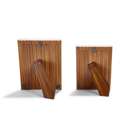 Two Brass Lines Photo Frames with built-in stands, vertical wood grain pattern, and metal corner fasteners. Available in multiple sizes.
