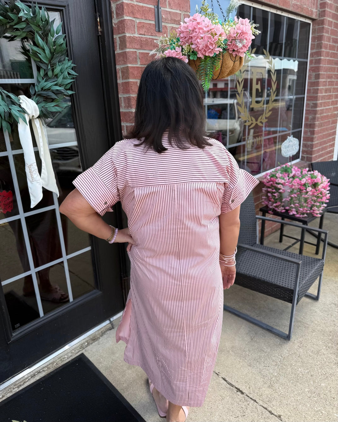 Pink &amp; Brown striped polo midi dress with short sleeves and button-down collar. Available in sizes XS-XL.