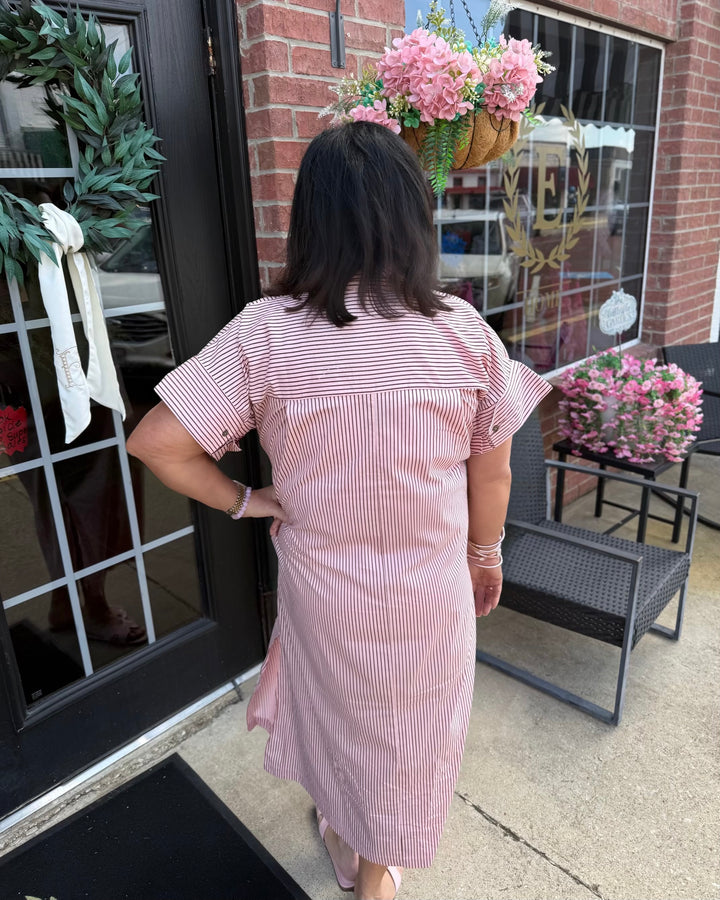 Pink &amp; Brown striped polo midi dress with short sleeves and button-down collar. Available in sizes XS-XL.