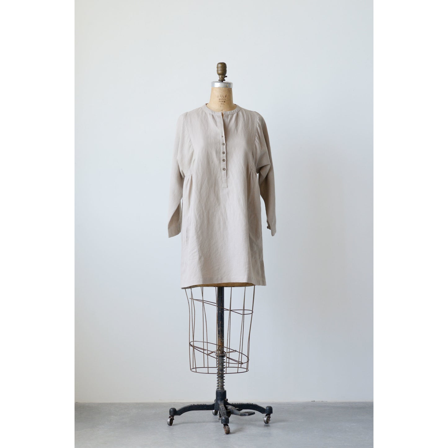 Beige Cotton Linen Nora Tunic with long sleeves; available in sizes XS–XL.