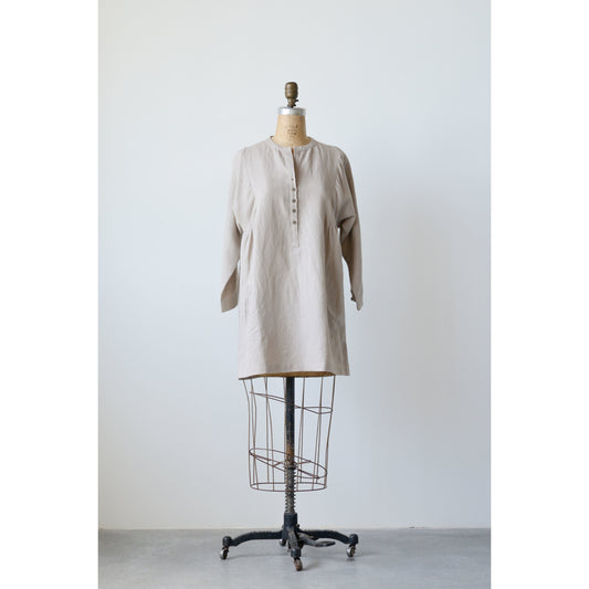 Beige Cotton Linen Nora Tunic with long sleeves; available in sizes XS–XL.
