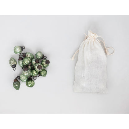 Embossed 1” Mercury Glass Ornaments in Muslin Bag - Green
