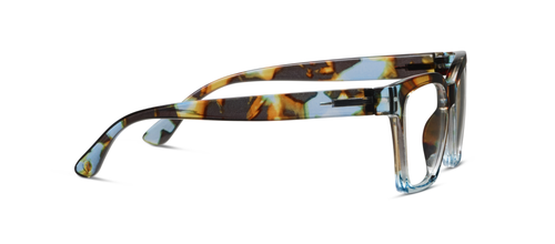 Rectangular Birdie Progressives eyeglasses in Blue Quartz Colorblock with thick, translucent blue frames and tortoiseshell-patterned square accents; available in multiple sizes.