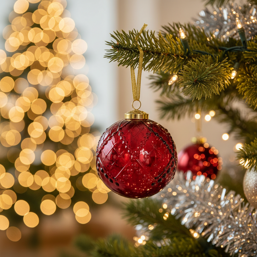 Red Hudson Ornament, spherical glass with diamond-patterned texture.