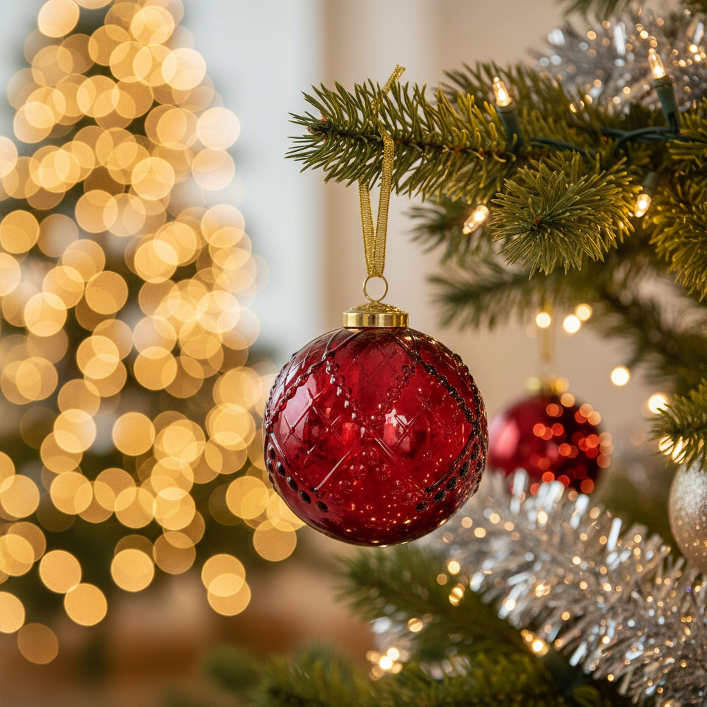 Red Hudson Ornament, spherical glass with diamond-patterned texture.