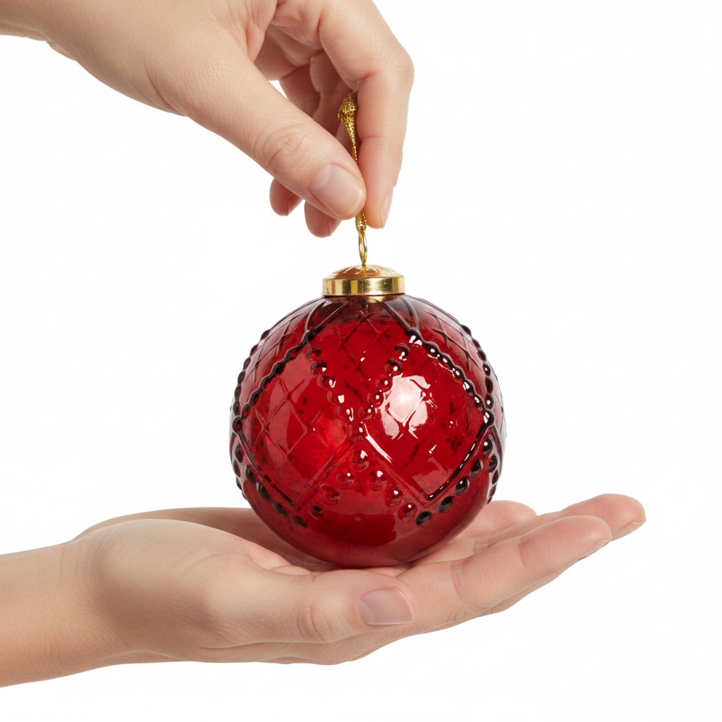 Hudson Ornament | Red, a spherical Christmas ornament with a textured diamond pattern and gold cap.