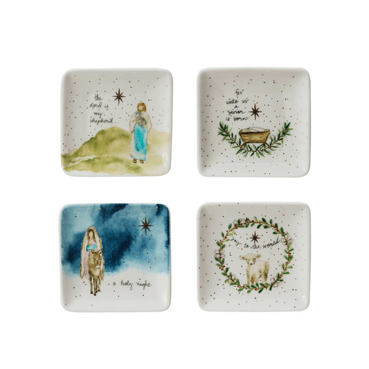 3 “ Stoneware Dish w/ Mary,Jesus,Lamb,Shepard, Sayings