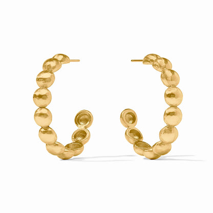 Solara Nova Hoop Earrings made from polished gold-toned spherical beads, featuring a sculptural form and intricate texture. Available in small, medium, and large sizes.
