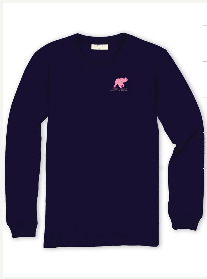 Navy blue long sleeve tee with small pink walking gorilla and text on left chest. Available in sizes S–XL.