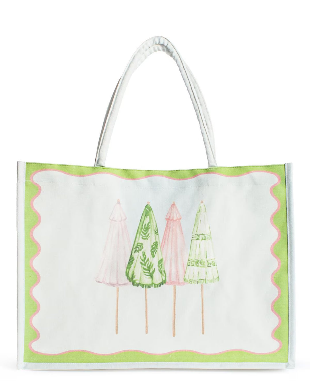The Riviera Tote Blue/Multi has blue with green and pink trim, four coastal-style trees, available in small and large sizes.