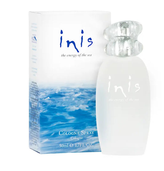 Inis Fragrances of Ireland cologne spray: "The Energy of the Sea." Unisex fragrance in a 50 ml (1.7 FL OZ) frosted glass bottle with a clear, wave-like cap. Packaging features ocean theme in blue and white.