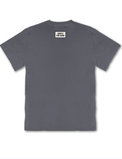 Gray short-sleeve tee, back view, white "SIMPLY FOR GOOD" label near neckline. Available in sizes XS–XL.