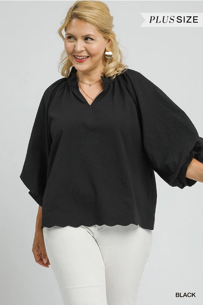 Black Textured Scalloped Hem Blouse, flowy fit, three-quarter balloon sleeves. Available in plus sizes.