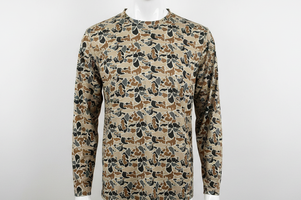 Simply Southern Dri-Fit Long Sleeve Camo Shirt in brown, tan, and black camo. Available in sizes S-XXL.