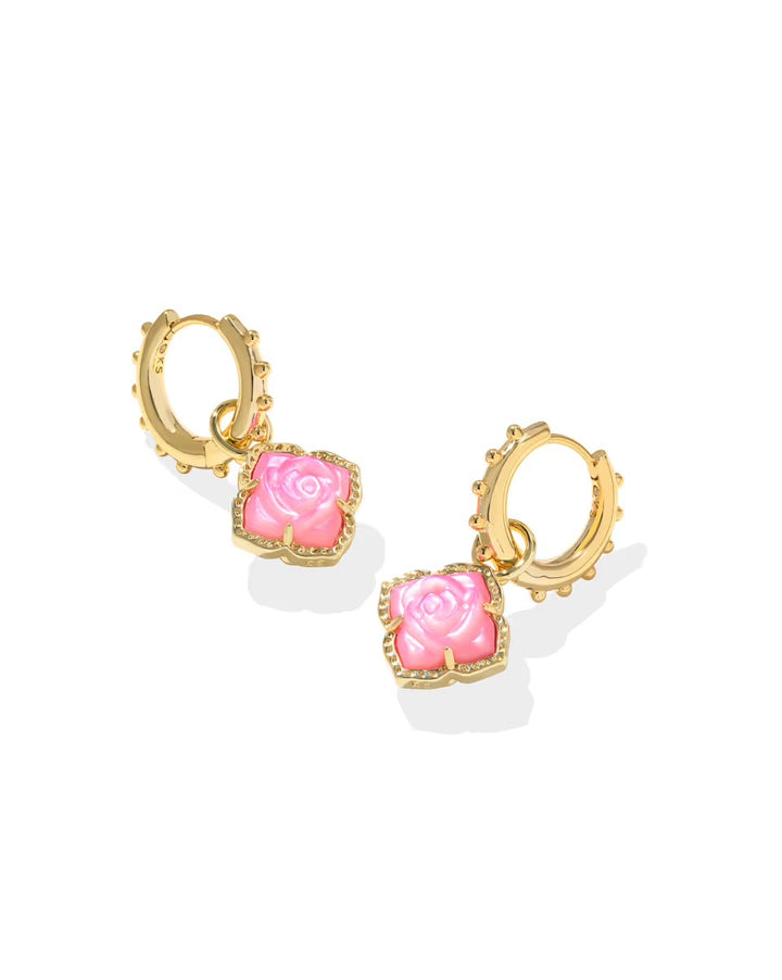 Mallory Rose Gold Huggie Earrings: vintage-inspired hoops, beaded edges, dangling rose-shaped pink charm. Sizes available: S, M.